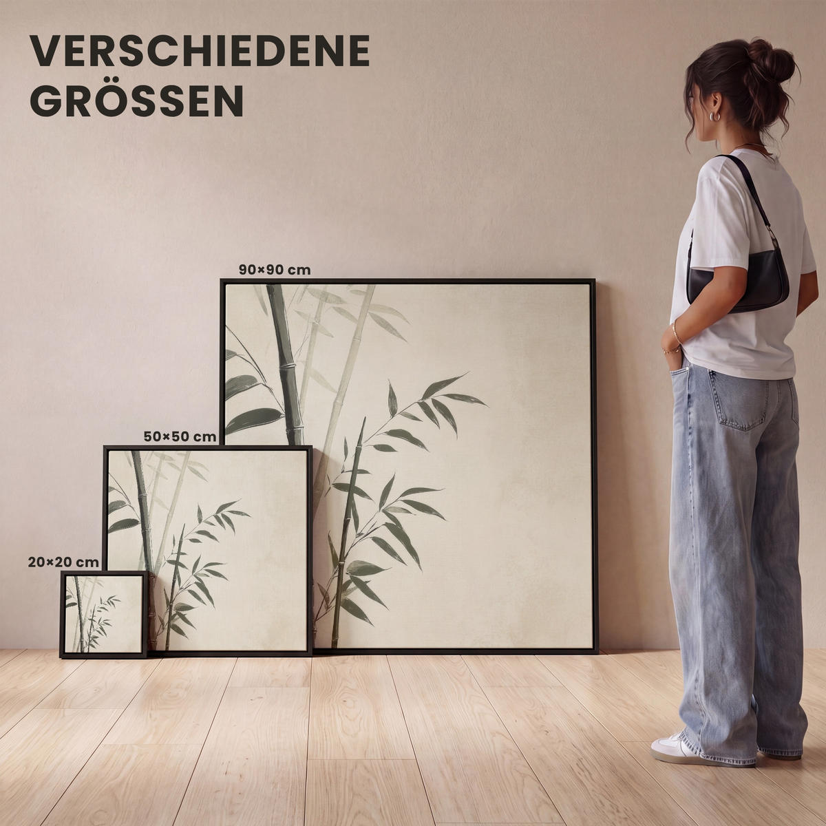 LEINWAND Bilder mit Rahmen - Japandi - Bambus - Beige - 20x20 - Eukalyptusholzfarben, Textil (20/20cm) - MuchoWow