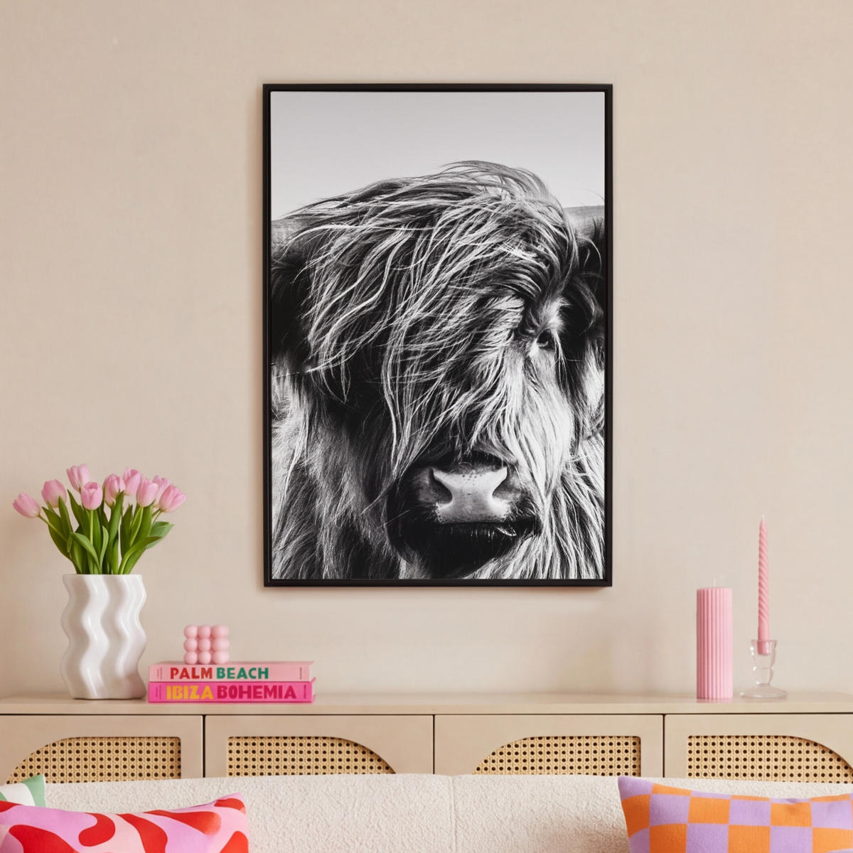 LEINWAND Bilder mit Rahmen - Kuh - Schottischer Hochländer - Schwarz - Weiß - Tier - Natur - Wildtiere - 60x90 - Schwarz, Textil (60/90cm) - MuchoWow