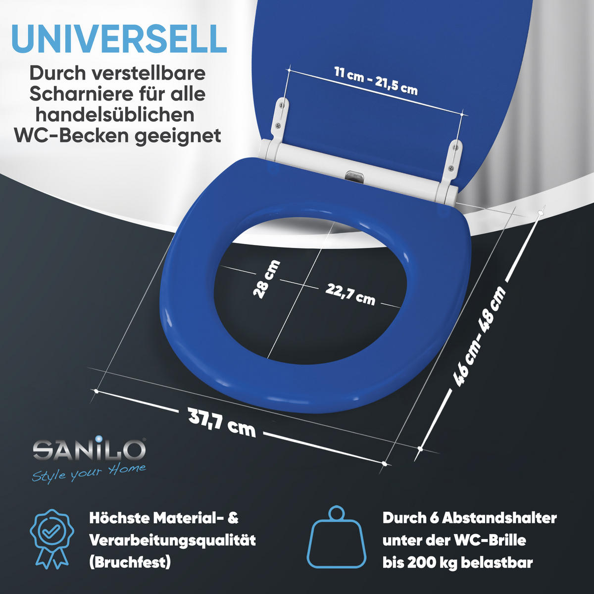 WC-SITZ mit Absenkautomatik & Top Fix Blau - Blau, Holzwerkstoff (37.7/5.5/48cm) - Sanilo