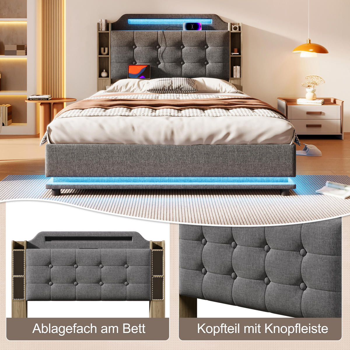 POLSTERBETT 140/200 cm Grau aus Leinen mit LED-Lichtleiste und Stauraum - Grau, Textil (140/200cm) - OKMYHOME