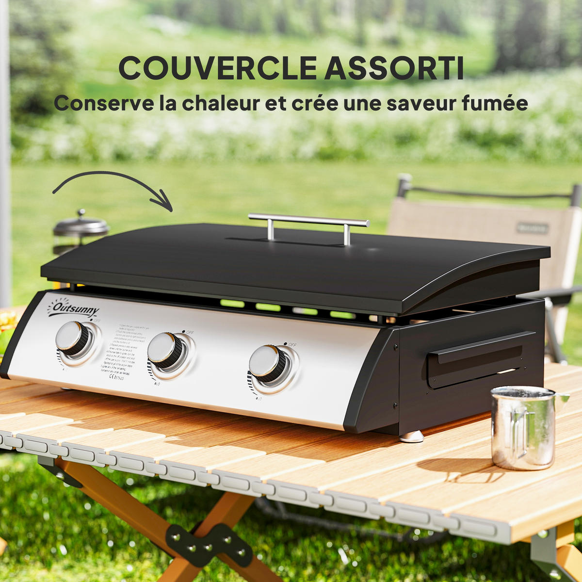 PLANCHA DE-18617 3 Brenner, 7,5 kW, mit Deckel Schwarz - Schwarz, Metall (47/25/63cm) - ComfortXL