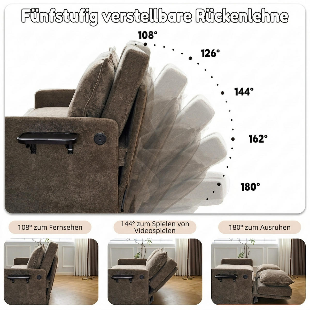 SCHLAFSOFA 172.5/71/95 cm Braun mit USB-Anschluss, 5-fach verstellbarer Rückenlehne und Stauraum - Braun, Textil (71/95/172.5cm) - Oxeza