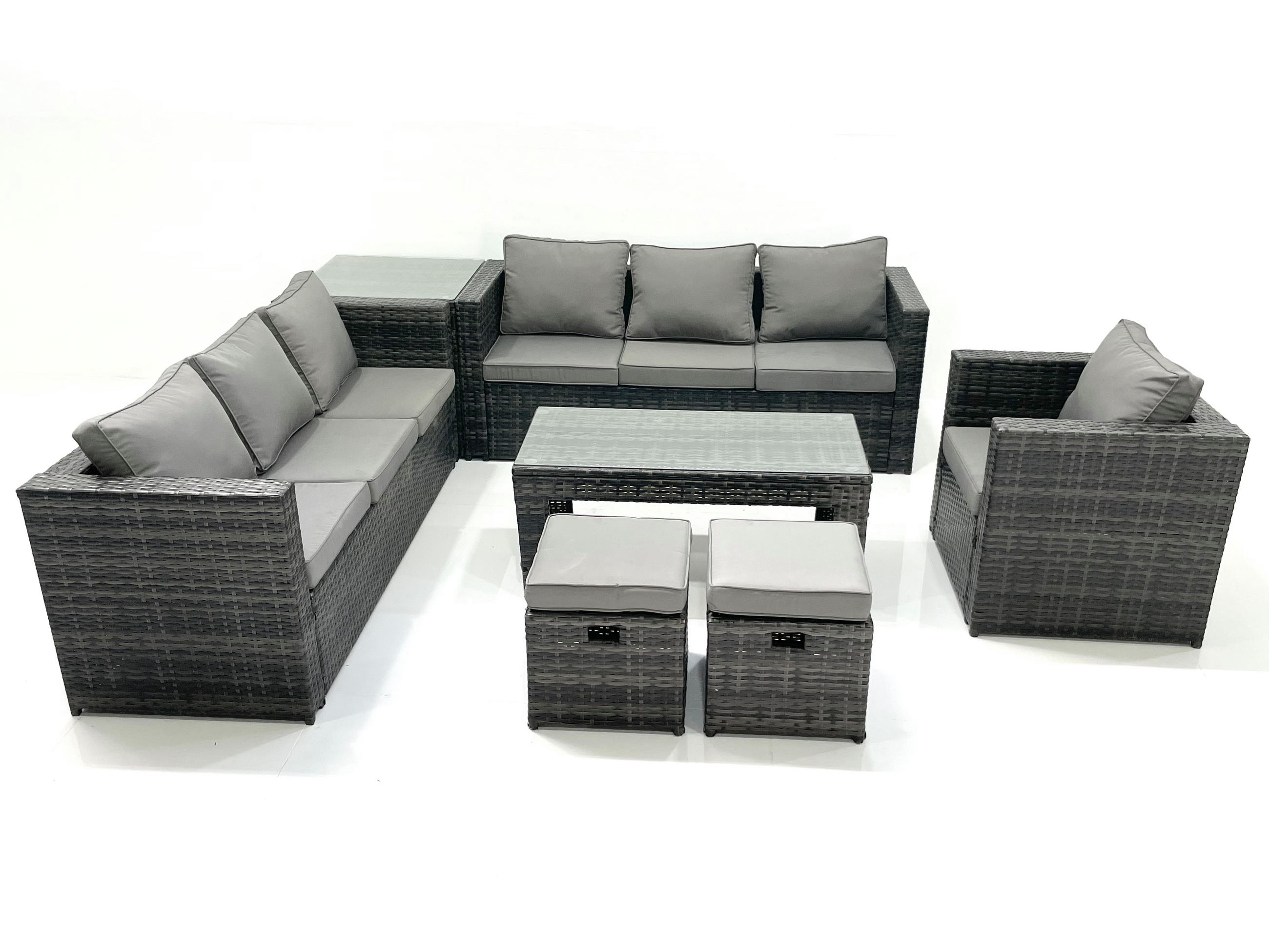 GARTENMÖBEL-SET COUCHTISCH SESSEL SOFA mit HOCKER Polyrattan Dunkelgrau Gemischt 9-Sitzer - Dunkelgrau/Grau, Glas/Kunststoff - Fimous