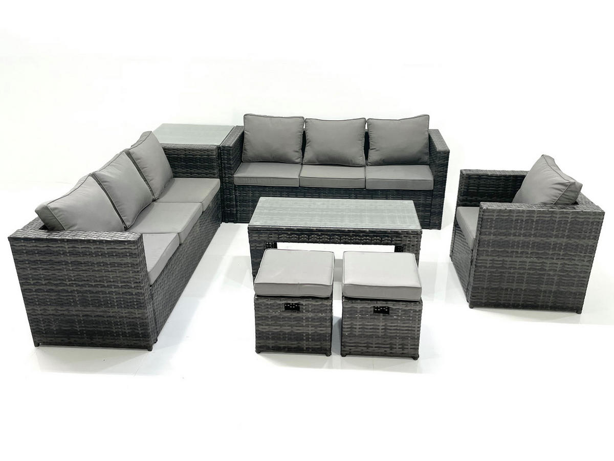 GARTENMÖBEL-SET COUCHTISCH SESSEL SOFA mit HOCKER Polyrattan Dunkelgrau Gemischt 9-Sitzer - Dunkelgrau/Grau, Glas/Kunststoff - Fimous
