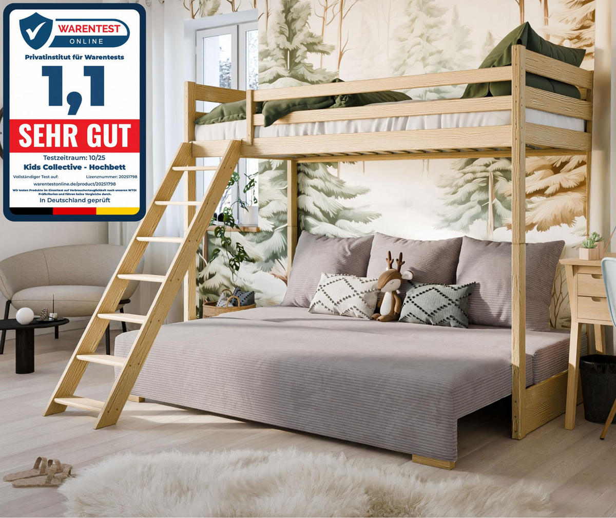 HOCHBETT mit Schlafsofa 200x140 cm in natur und graufarben - Naturfarben/Grau, Holz (140/200cm) - Kids Collective