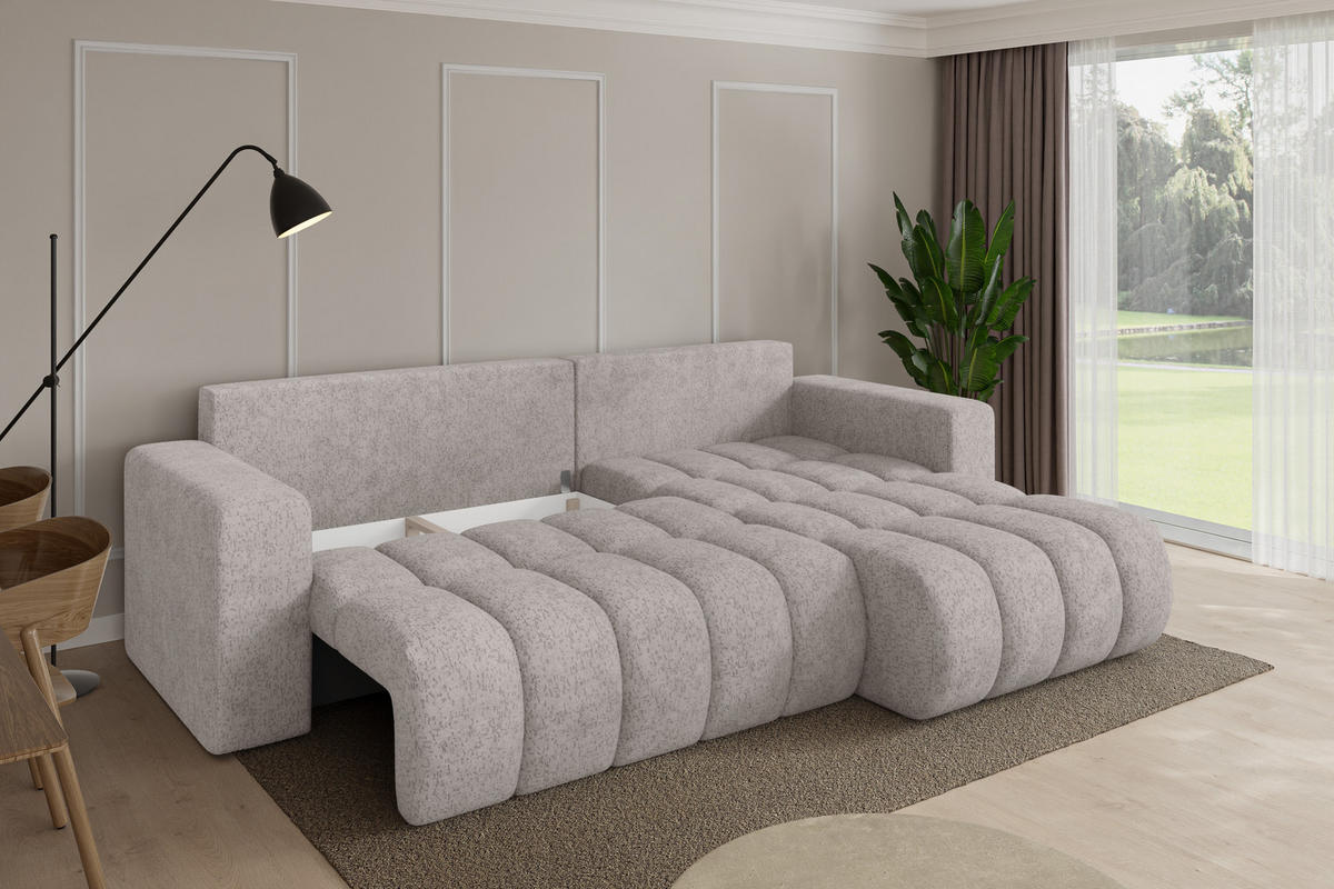ROHOVÁ SEDAČKA s funkcí spaní, otoman vpravo MILA-L-v1 277x195x86 světle šedá velur - černá/světle šedá, kompozitní dřevo/textil (277/194cm) - ALTDECOR