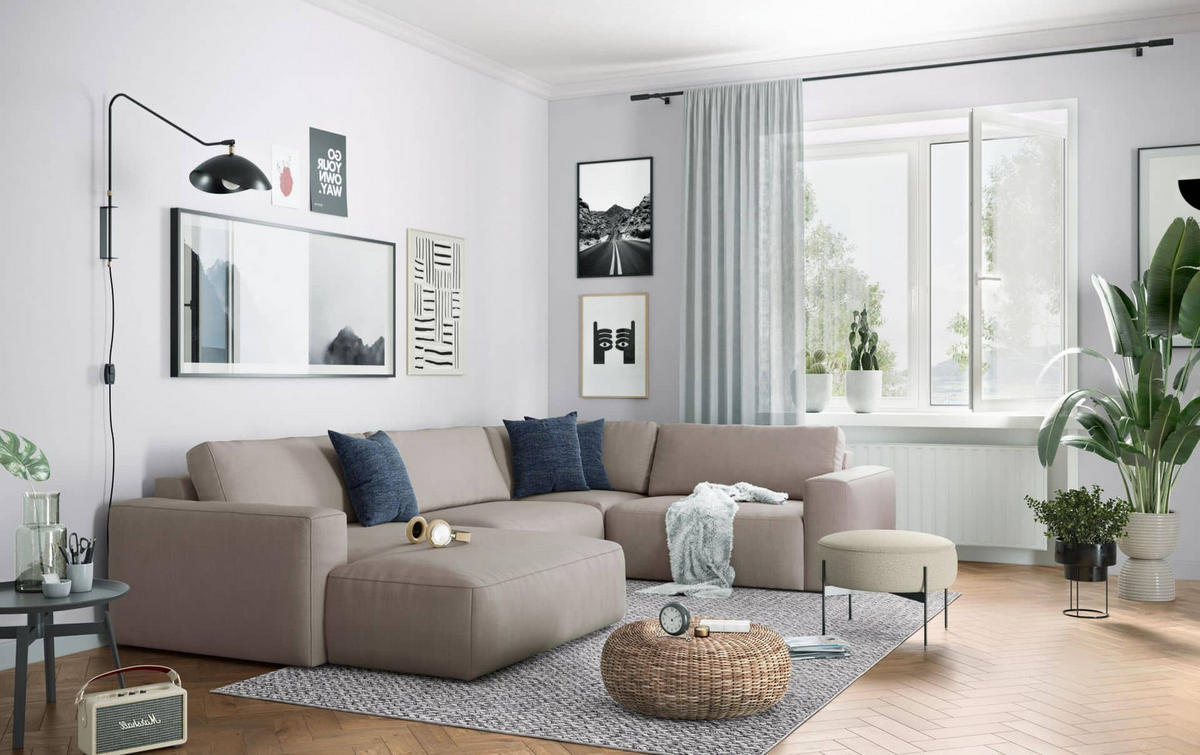 WOHNLANDSCHAFT mit wasserabweisendem Stoff - Beige/Schwarz, Holz/Kunststoff (249/89/367cm) - Cotta