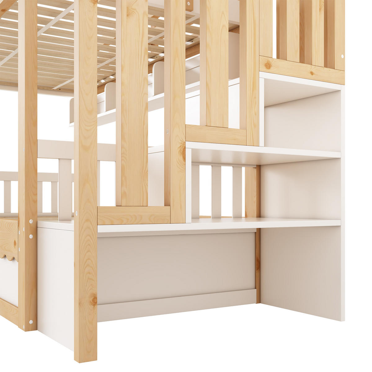 ETAGENBETT 90/200 cm mit Stauraum, Treppe und Regal, DE-41551, in Weiß/Eiche - Eichefarben, Holzwerkstoff (90/200cm) - ComfortXL