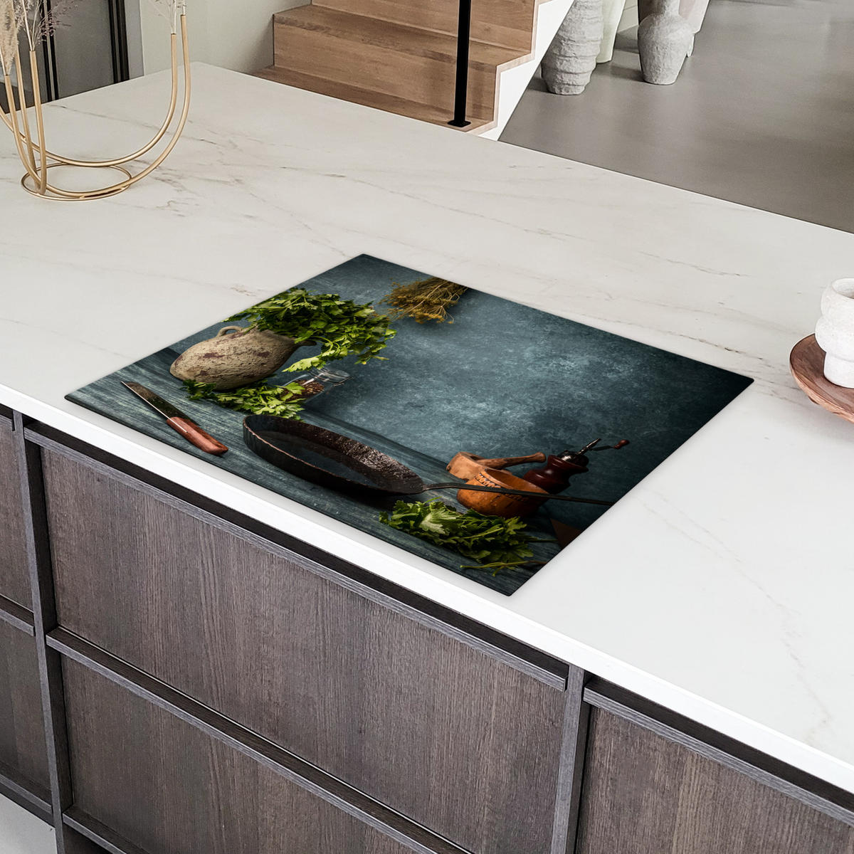 HERDABDECKPLATTE Kräuter - Gewürze - Pfanne - Messer - Grau - Rustikal Induktionsmatte 77x59 cm - Petrol, Kunststoff (77/59/0.2cm) - MuchoWow
