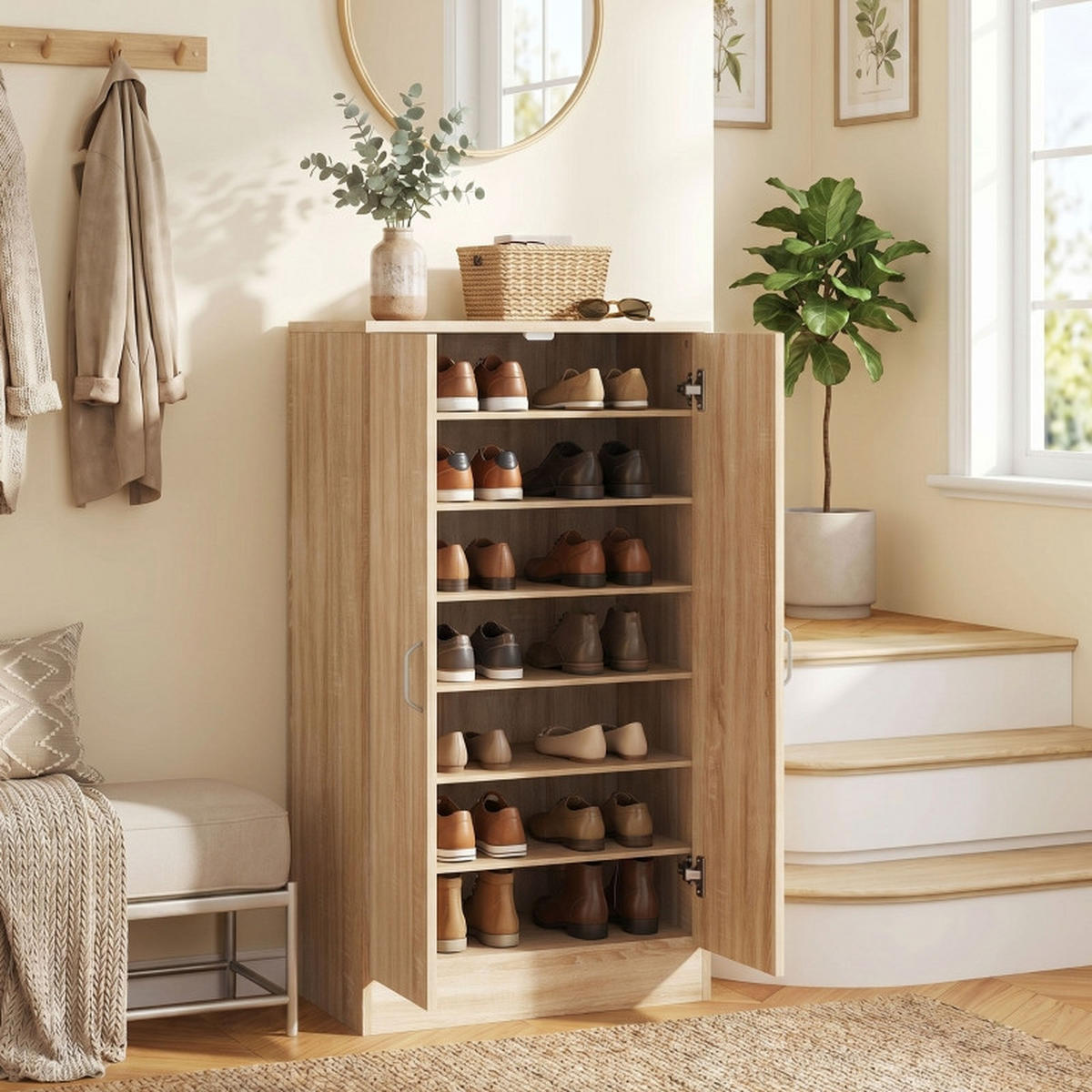 SCHUHSCHRANK DE-38045 55/35/108 cm mit 6 verstellbaren Regalböden Naturholz - Naturfarben, Holzwerkstoff (55/108/35cm) - ComfortXL