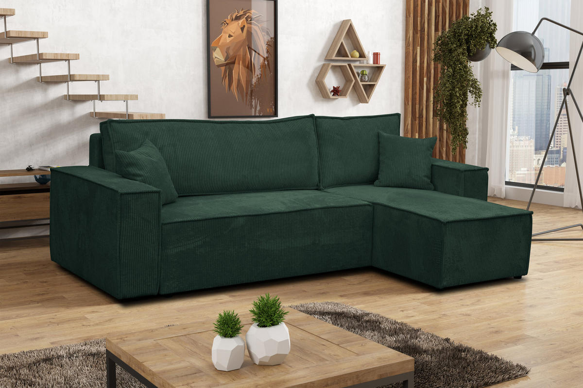ECKSOFA Hugo L in L-Form mit Schlaffunktion und Bettkasten, Farbe: Grün, Cordstoff, Ottomane Unsiversal - Grün, Textil (244/145cm) - VENASI MÖBEL