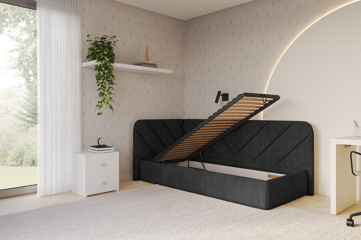 EINZELLBETT Jugendbett mit Bettkasten und Matratze H3/H4, Rechts - FIKY 80x200 Schwarz - Anthrazit, Holzwerkstoff/Textil (80/200cm) - ALTDECOR