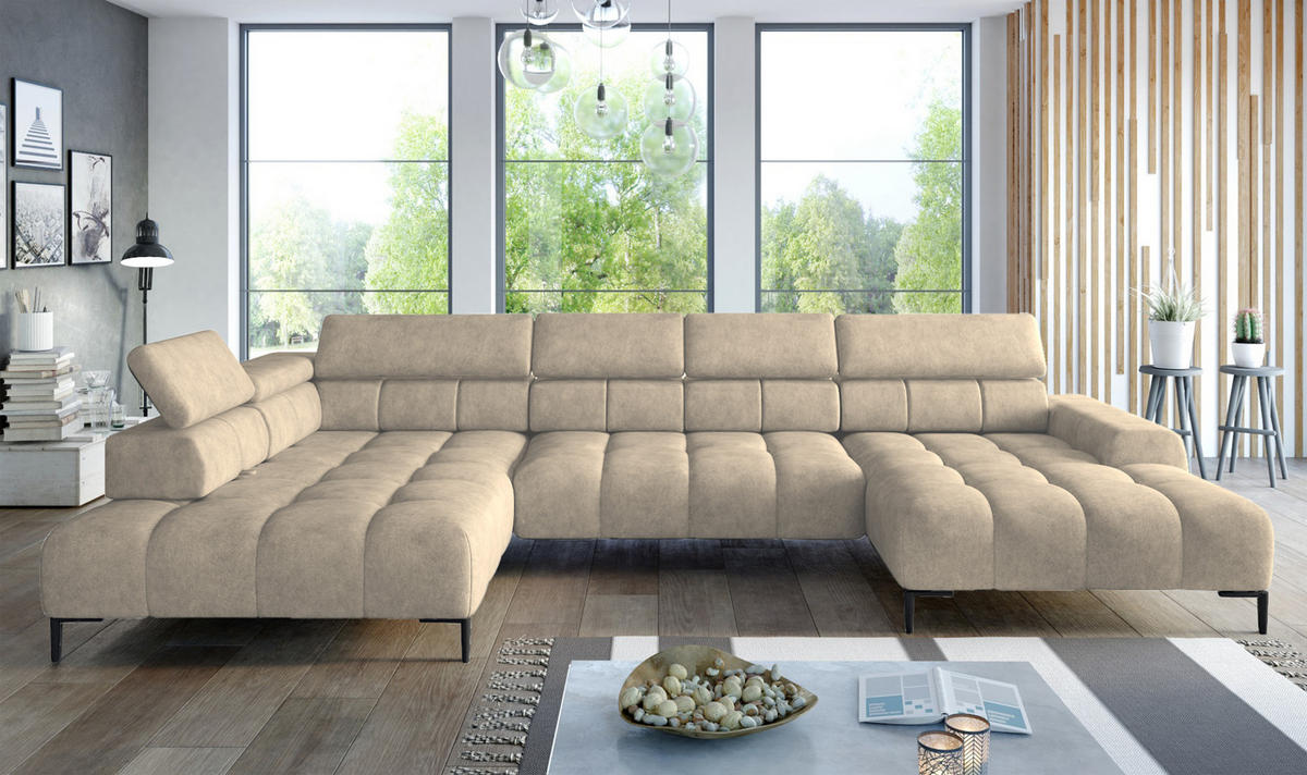 ECKSOFA PLAZA XL U-förmig, modern, mit verstellbarer Kopfstütze, Schlafmöglichkeiten, freistehend, LINKS 177x385x99 cm Cream - Creme, Holz/Textil (177/385cm) - DomoHome
