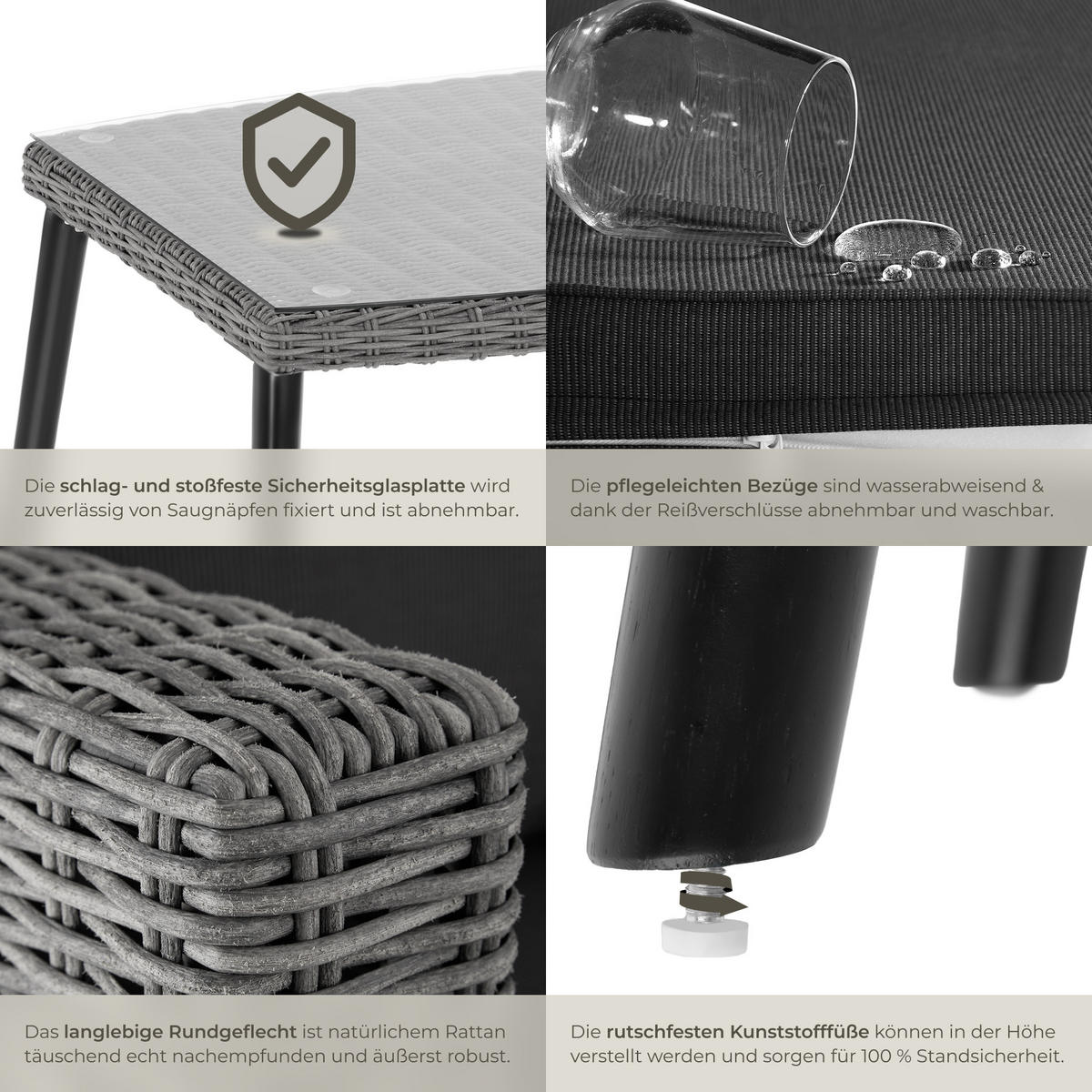 RATTANLOUNGE Pula,mit Sicherheitsglasplatte,grau - Grau, Kunststoff/Metall - tectake