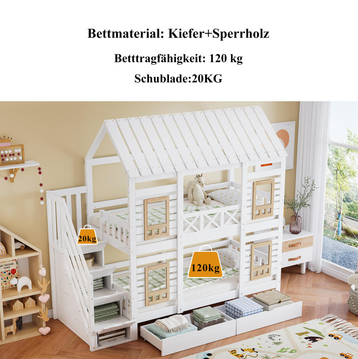 ETAGENBETT 90/200 cm in Weiß/Natur mit Stauraumtreppe und 2 Schubladen - Weiß, Holz (90/200cm) - OKMYHOME