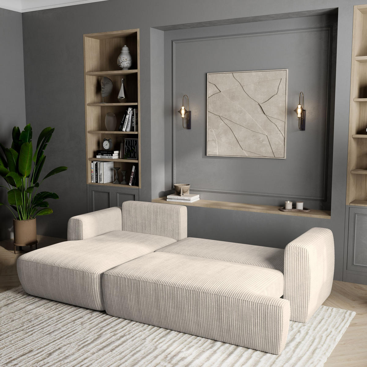 ECKSOFA SENTI P L-S Creme Kordstoff mit Schlaffunktion - Creme, Holz (246/148cm) - MASSENO