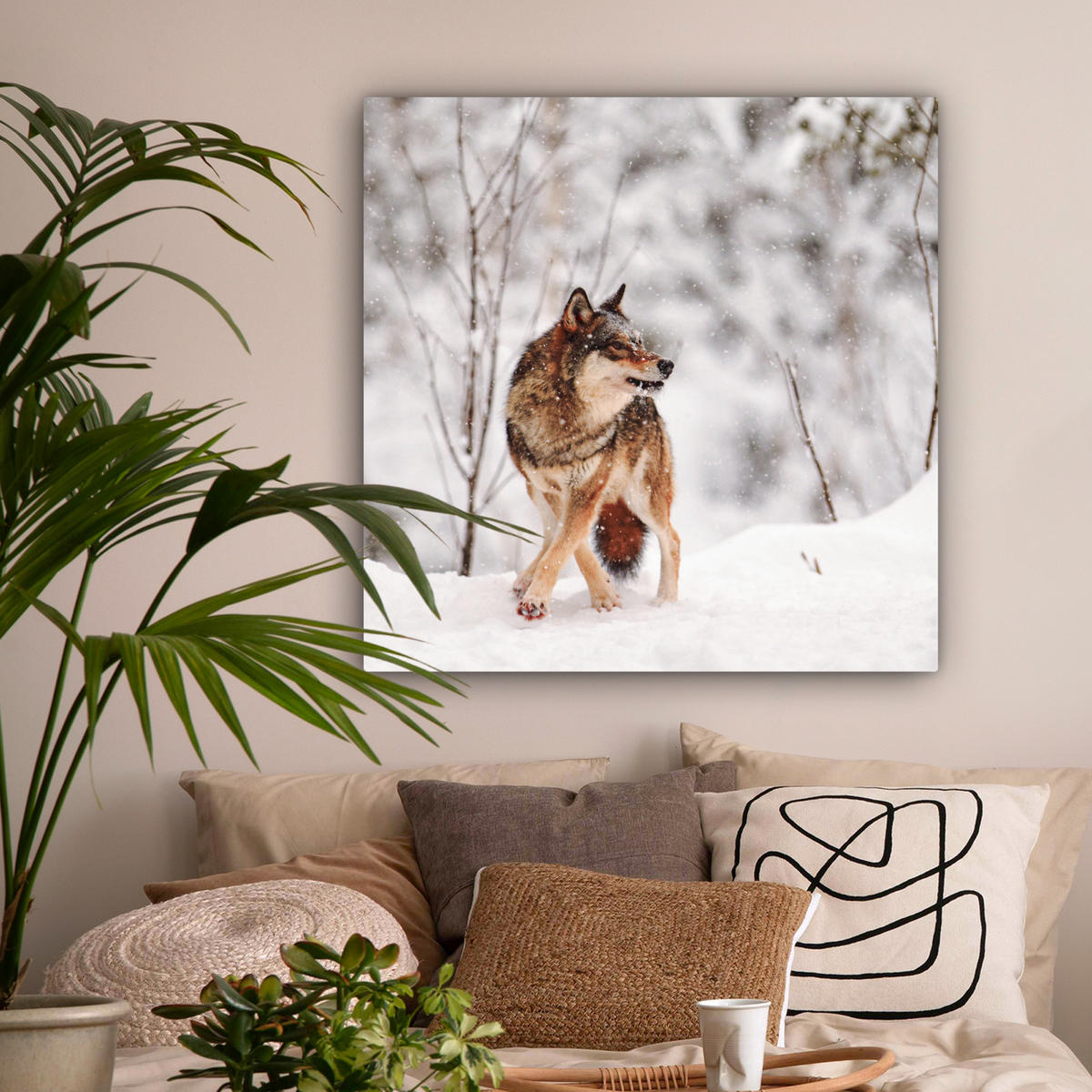 LEINWANDBILD Wolf - Winter - Schnee - Natur - Tiere Deko Groß 90x90 cm - Haselnussfarben, Textil (90/90cm) - MuchoWow