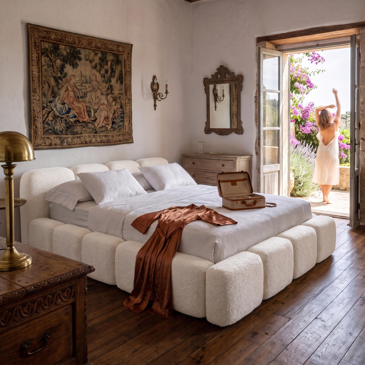 POLSTERBETT SUENO 180x200 cm in Creme, gepolstertes Kopfteil, Metalllattenrost, Bettkasten, Bouclé-Stoff - Creme/Naturfarben, Holz/Textil (180/200cm) - Muffo