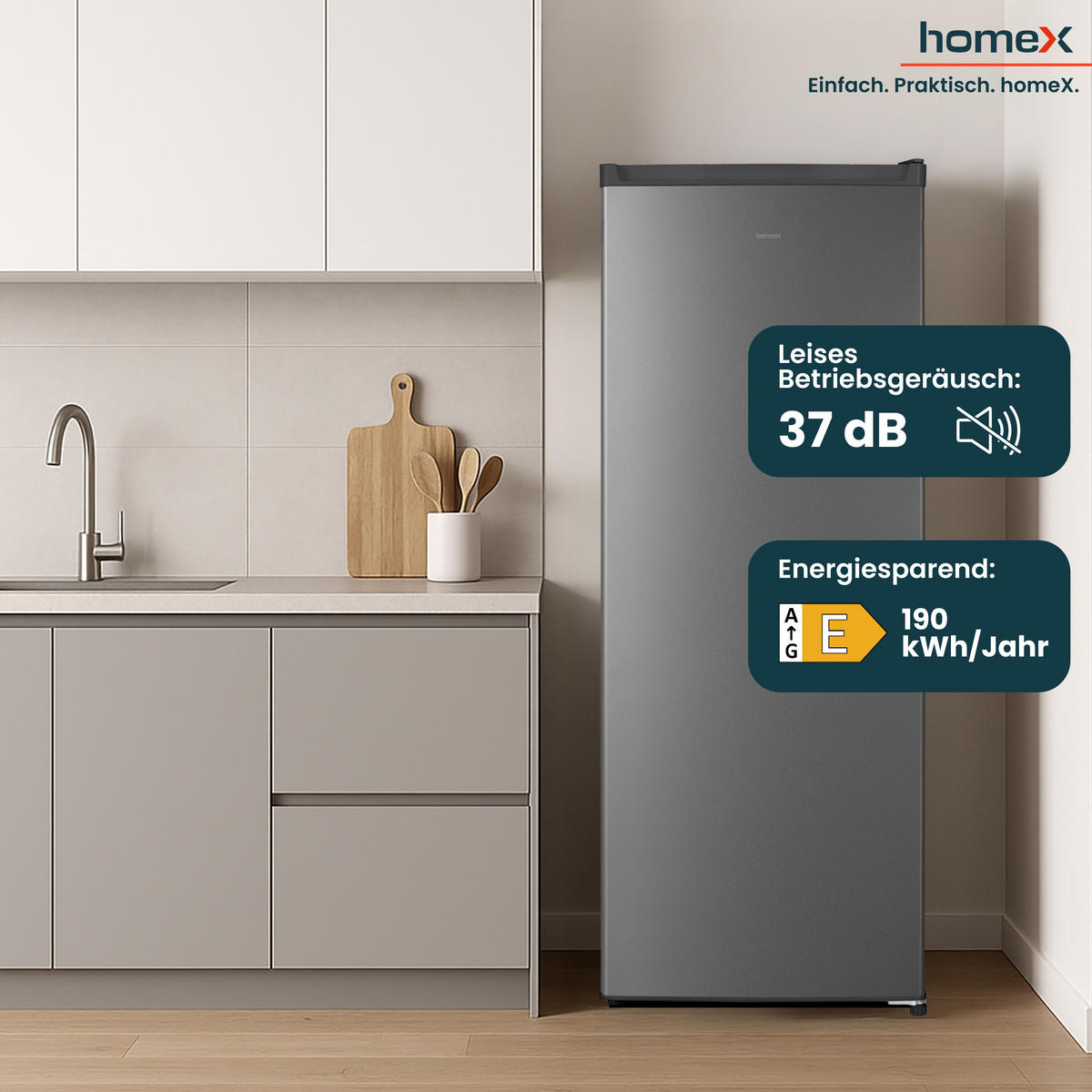 GEFRIERSCHRANK FS1682E-S groß - 168L Nutzinhalt, 4-Sterne Gefrieren, Freezer, leise 37 dB, silber - Silberfarben, Kunststoff/Metall (54.5/142.5/57.5cm) - homeX