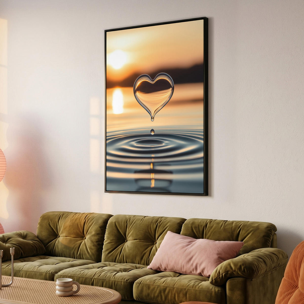 LEINWAND Bilder mit Rahmen - Herz - Wasser - Sonnenuntergang - Natur - Zen - 80x120 - Bernsteinfarben, Textil (80/120cm) - MuchoWow