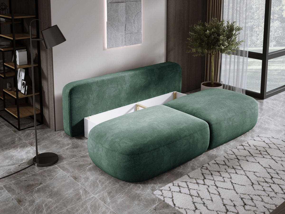 SCHLAFSOFA Moderne BABU mit Schlaffunktion – 3-Sitzer Sofa mit Bettkasten, DL-Automat, 2 Rückenkissen, 2 Zierkissen, 240x90x90 cm, Grün - Grün, Holz/Textil (240/90/90cm) - DomoHome