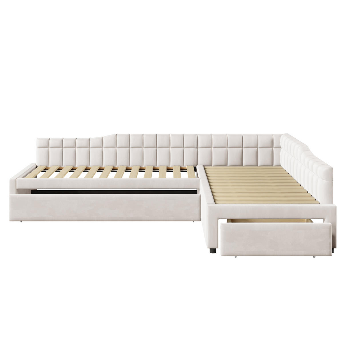 POLSTERBETT 90/200 mit Ausziehbett, Schubladen und Samtbezug in Beige - Beige, Holzwerkstoff/Textil (90/200cm) - EVRYAE