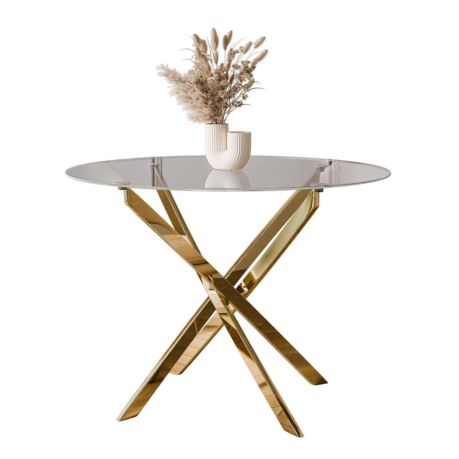 ESSTISCH BEIRA Runder Tisch 90 cm mit Glasplatte und Gold Tischbeine - Chromfarben/Goldfarben, Glas (90/90/72cm) - Lookway