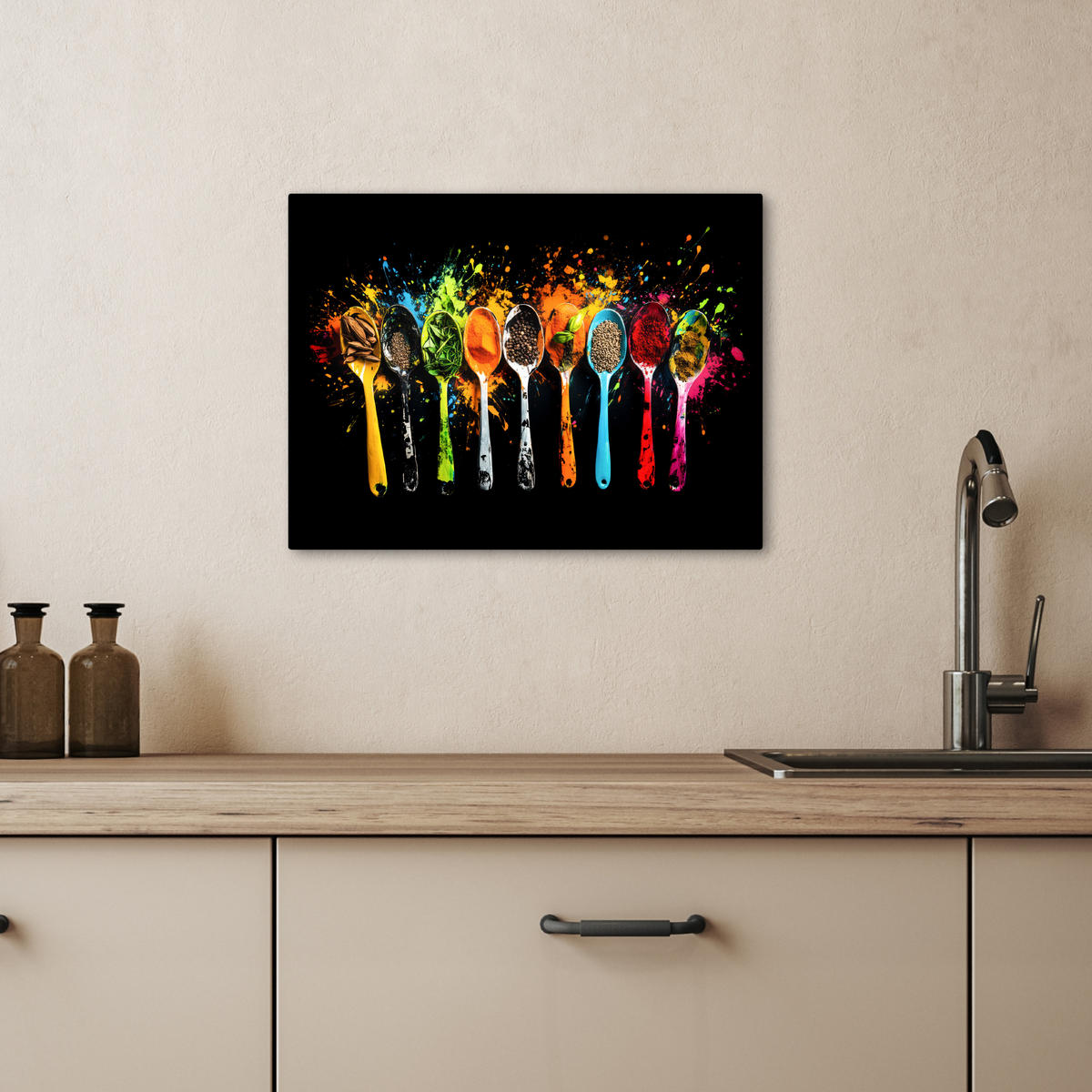 LEINWANDBILD Löffel - Gewürze - Modern - Graffiti - Farbe - Farbenfroh 40x30 cm - Multicolor, Textil (40/30cm) - MuchoWow