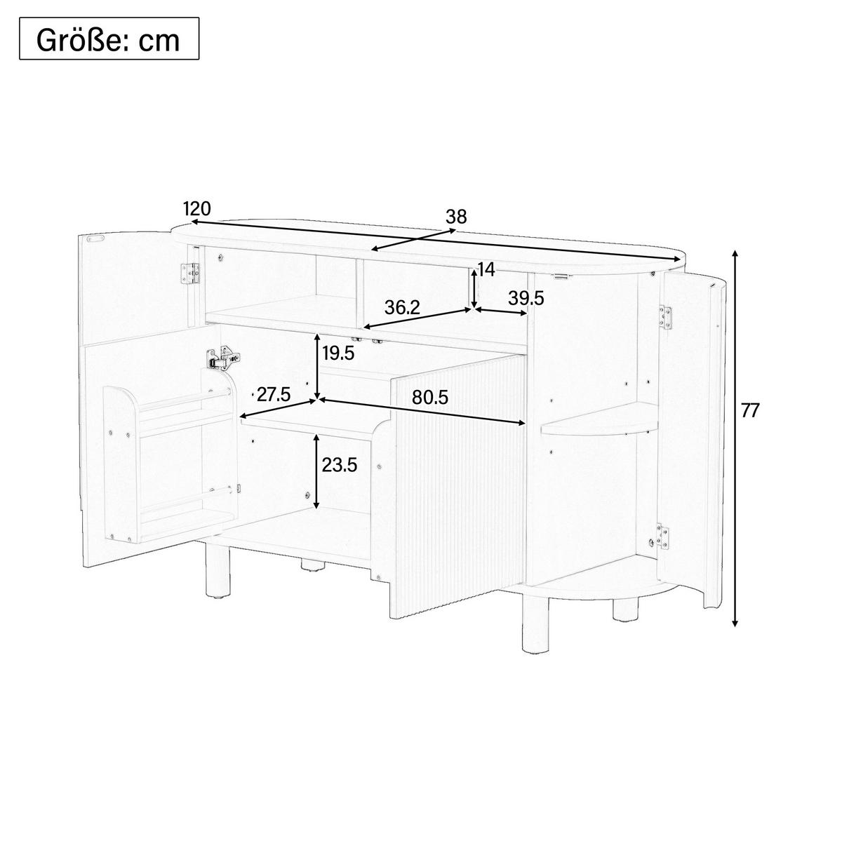 KOMODA z MDF 120x38x77 cm přírodní s nastavitelnými policemi a nožkami, 3D reliéfním čelem - přírodní, kompozitní dřevo (120/77/38cm) - Modfu