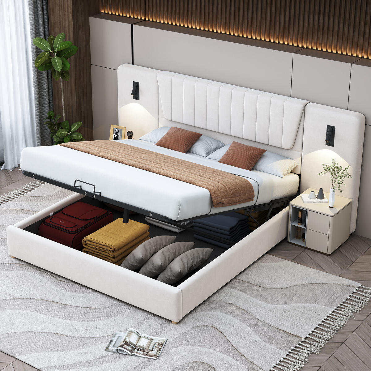 POLSTERBETT 180/200 cm in Beige Samt mit Bettkasten, Leselampen und USB - Beige, Holzwerkstoff/Textil (180/200cm) - WISHDOR
