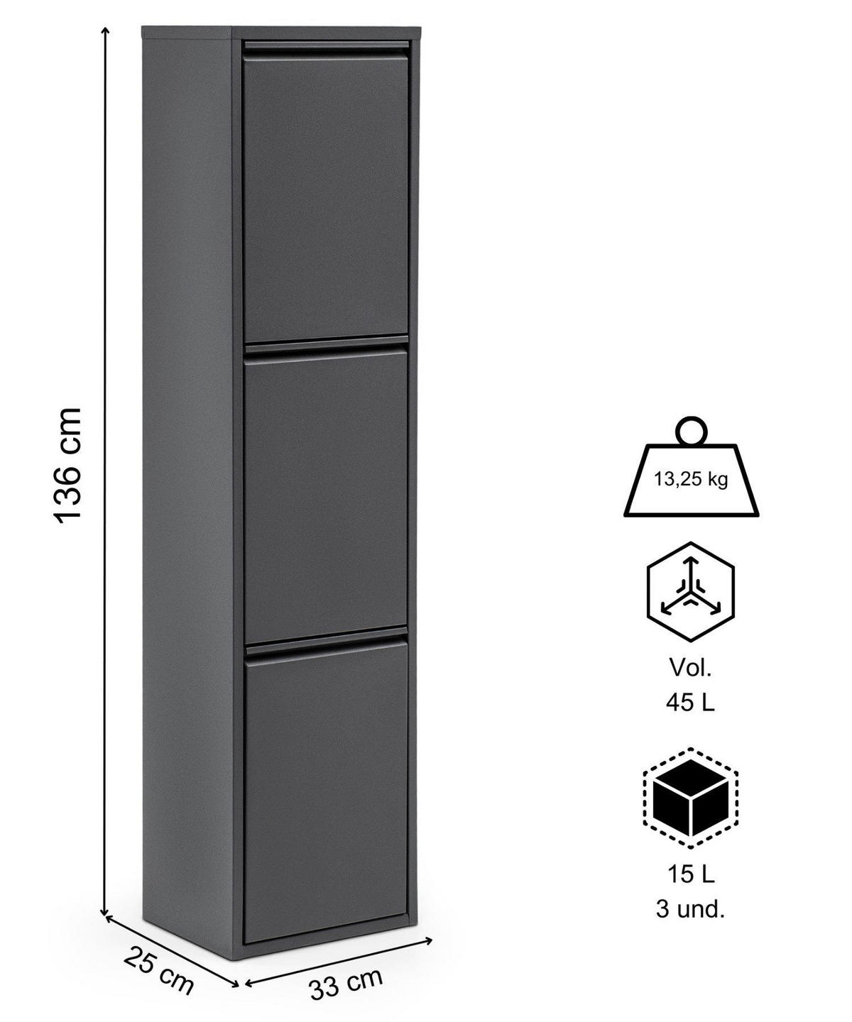 MÜLLEIMER 3 Fach Anthrazit Mülltrennsystem aus Metall - Anthrazit, Metall (33/136/25cm) - Gowoll