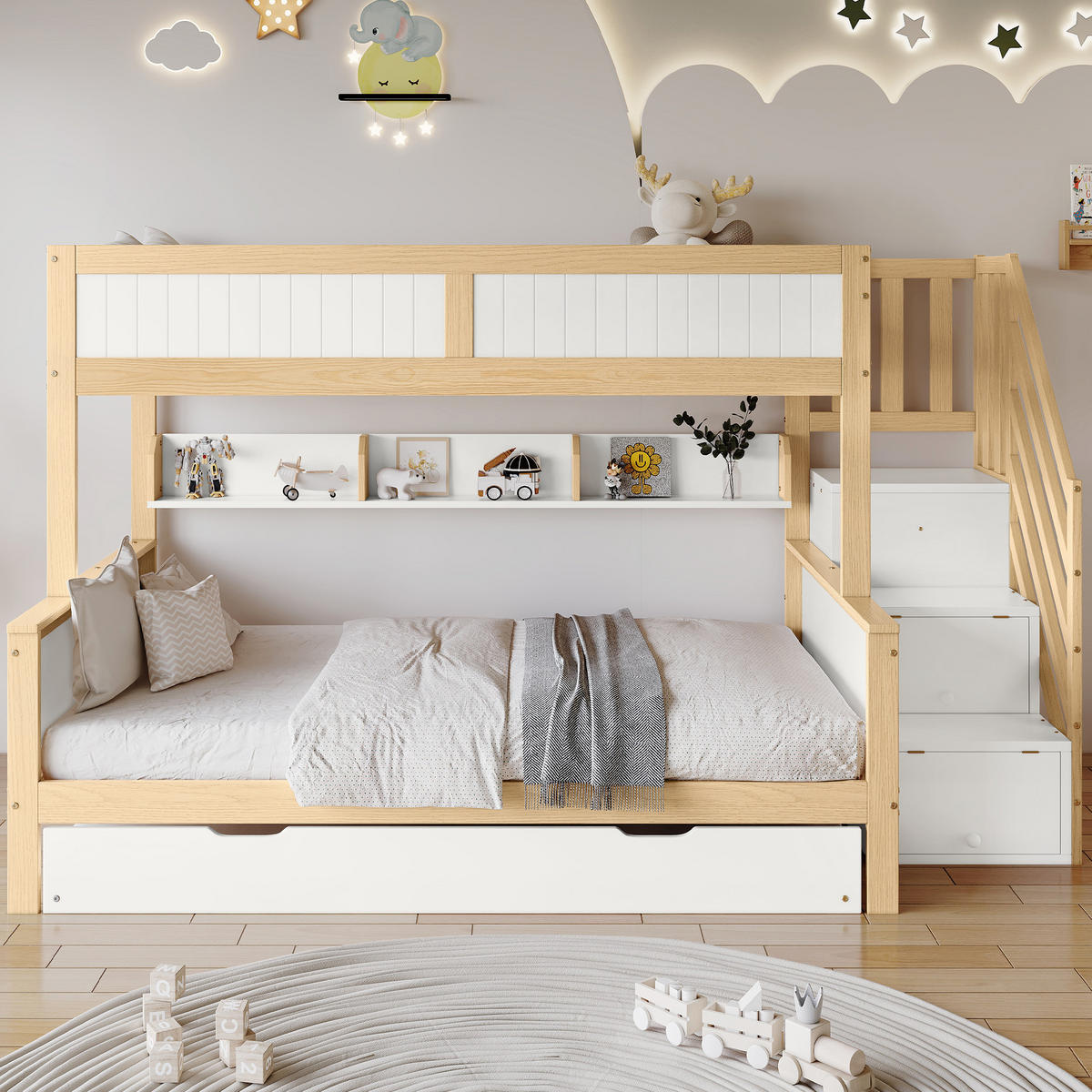 ETAGENBETT 90x200/120x200 mit Rollbett (90x190) und Stauraumtreppe, Massivholz+MDF, mit Kleiderschrank, weiß-natur - Naturfarben, Holz (120/200cm) - Luhomfu