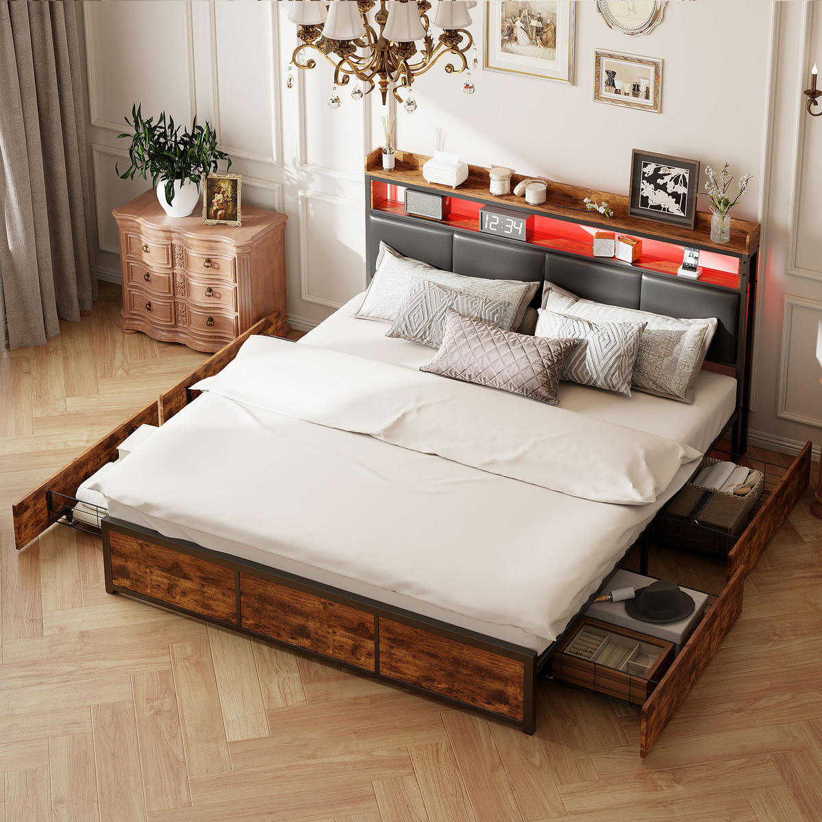 POLSTERBETT 180x200 cm Doppelbett, 4 Schubladen, verstellbare LED-Leuchten, weiches PU-Leder, Braun - Braun, Holz (180/200cm) - BRILVERDE