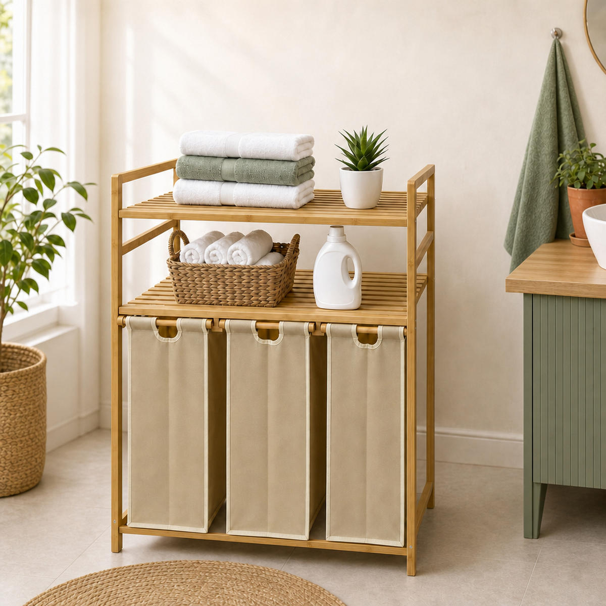 WÄSCHESAMMLER Natur Beige 3er-Set Bambus - Multicolor, Holz/Textil (78/100/41.5cm) - Relaxdays
