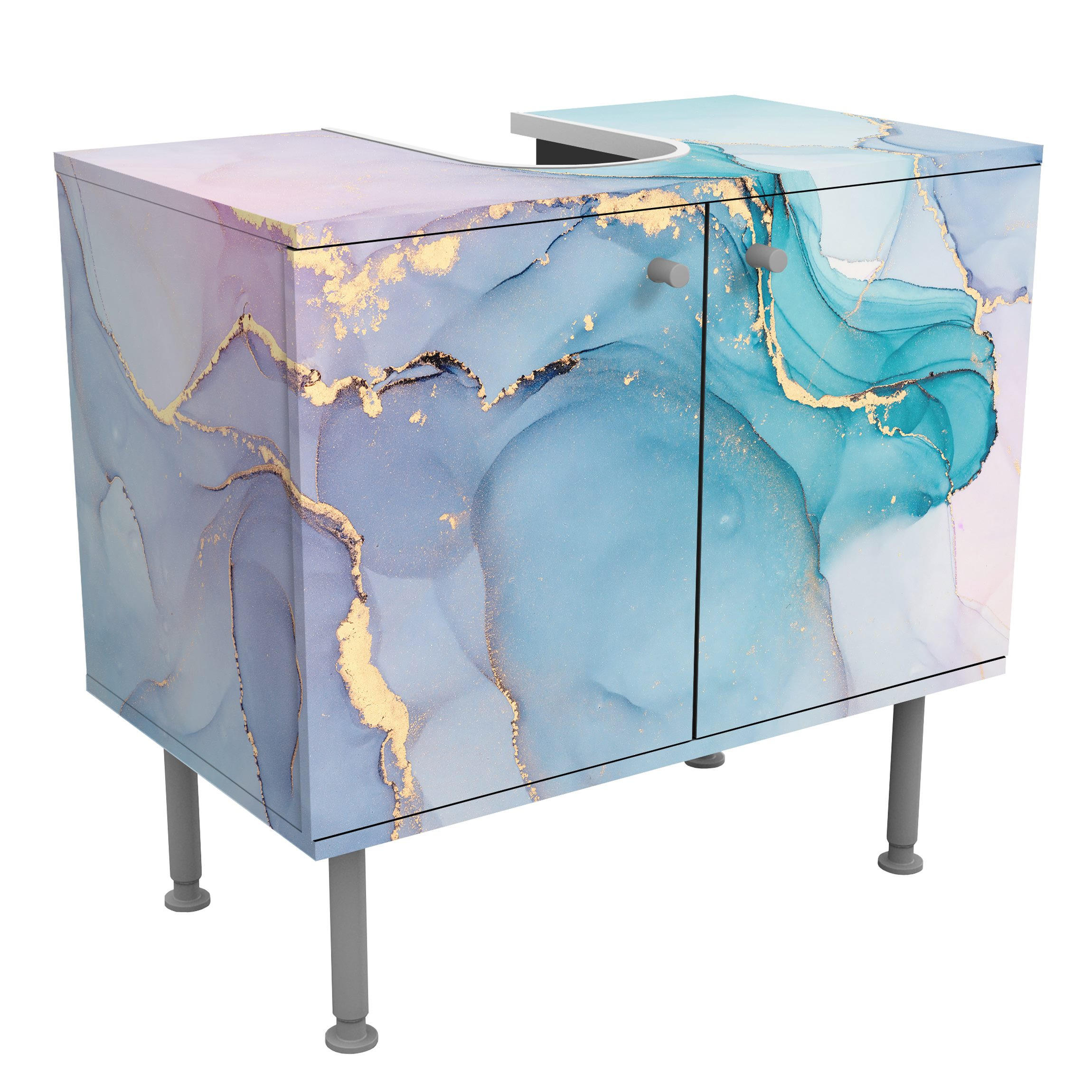 WASCHBECKENUNTERSCHRANK Aquarell Pastell Türkis mit Gold 60/55/35 cm - Pastellblau, Holzwerkstoff (60/55/35cm) - Bilderwelten
