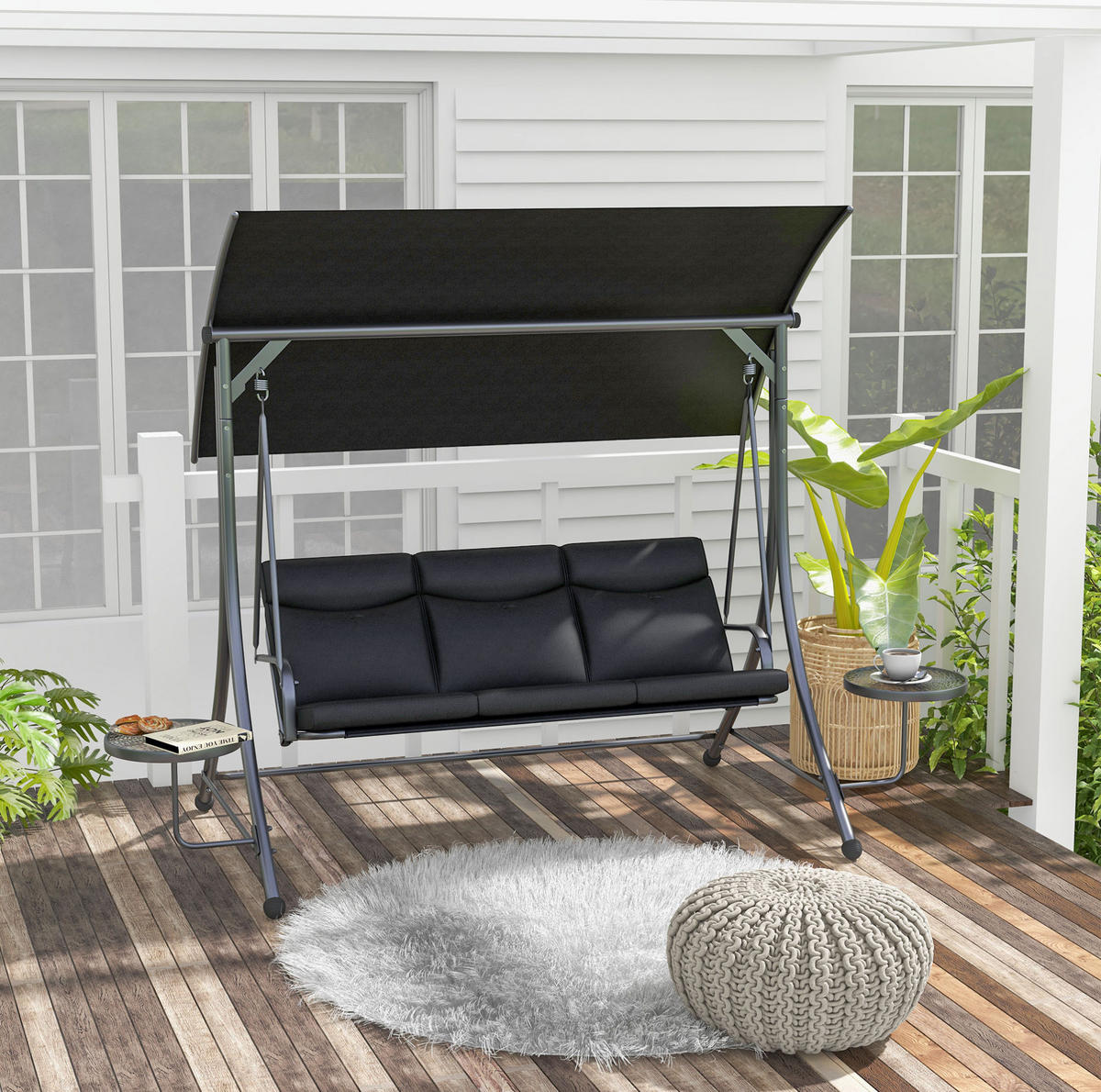 HOLLYWOODSCHAUKEL aus Metall 278x135x177 cm in Schwarz mit Couchtischen - Schwarz, Metall (278/177/135cm) - Modfu