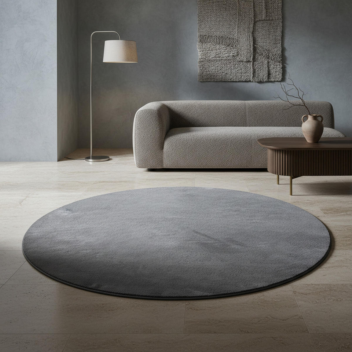 TEPPICH Kurzflor Uni-Farbe Microfaser Antirutsch Wohnzimmer waschbar Grau Rund 200x200 - Grau, Textil (200/200cm) - KADIMA DESIGN