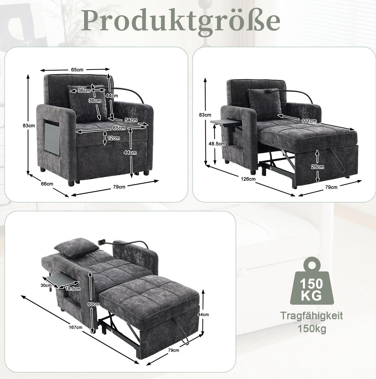 SCHLAFSESSEL 167/79/83 cm in Dunkelgrau aus Chenille mit Stauraum - Dunkelgrau, Textil (167/83/79cm) - BEAOK