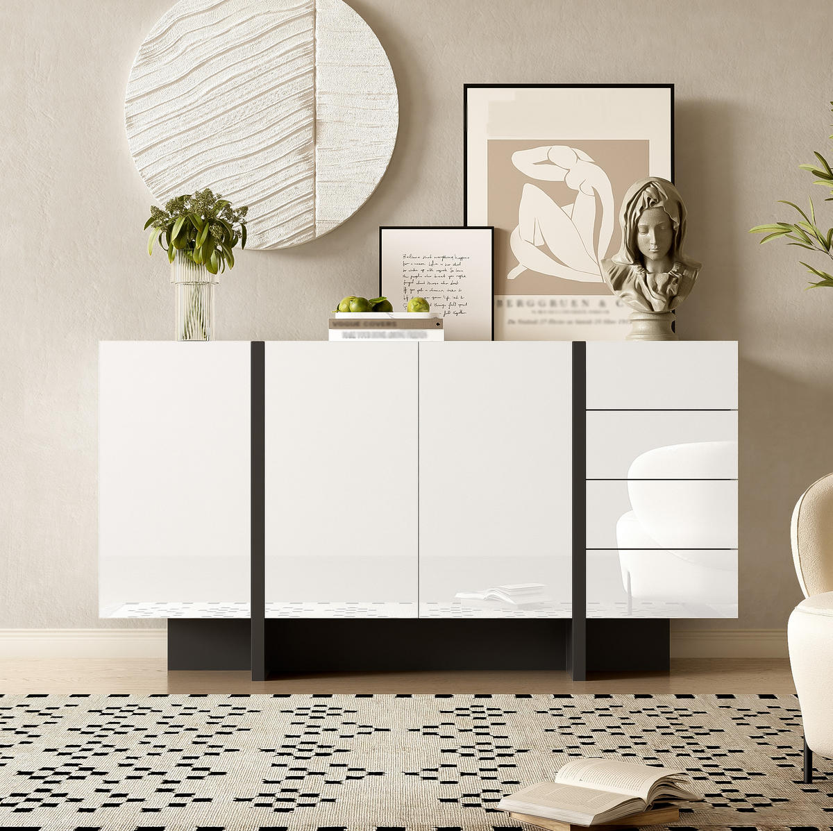 SIDEBOARD 150/40/80,5 cm weiß/schwarz aus MDF und Holzwerkstoff mit 2 Türen und 4 Schubladen - Weiß, Holzwerkstoff (150/80.5/40cm) - OKWISH