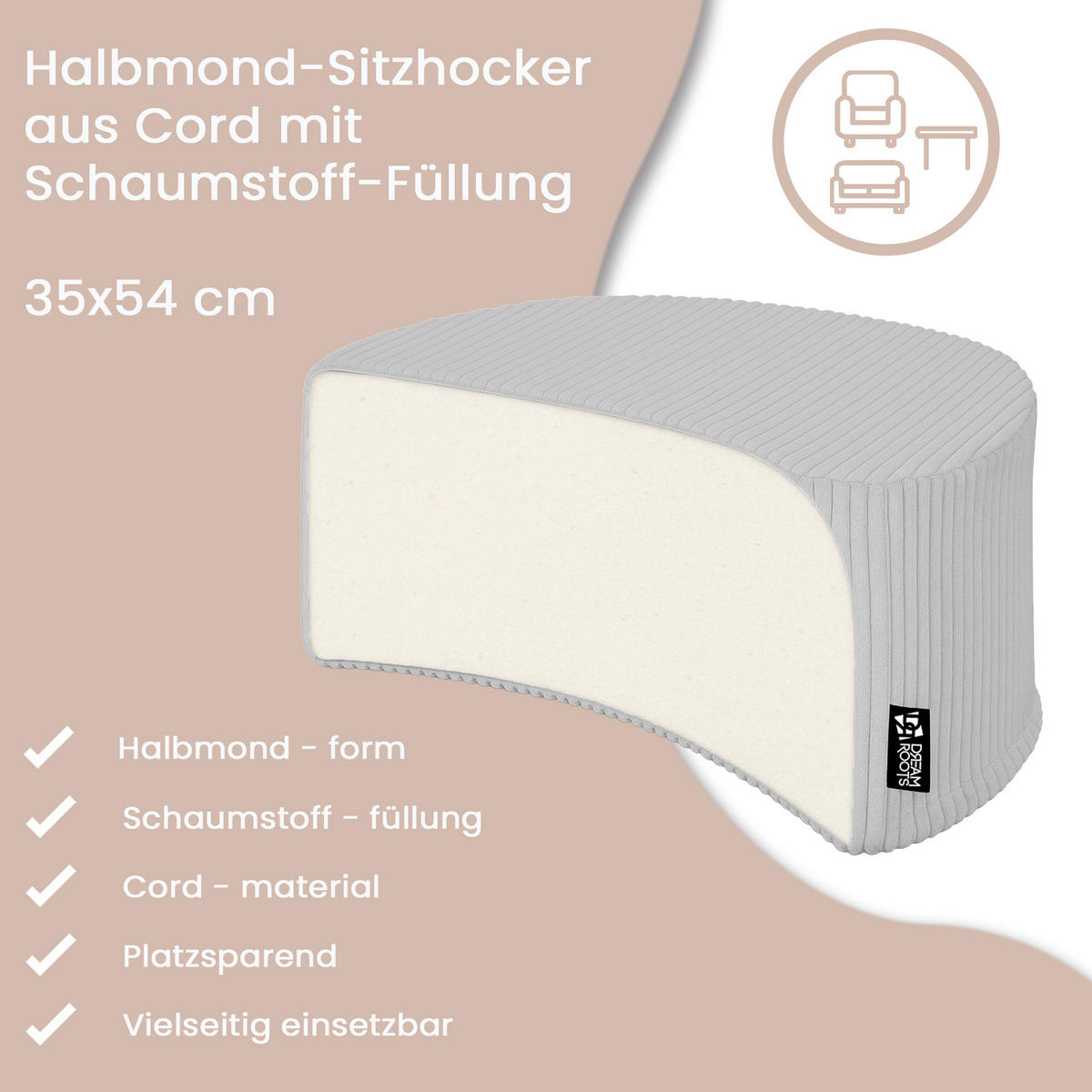 SITZSACK Halbmond 54/36/35 cm, weicher Cord 420 g/m², Hellgrau - Hellgrau, Textil (36/35/54cm) - Dreamroots
