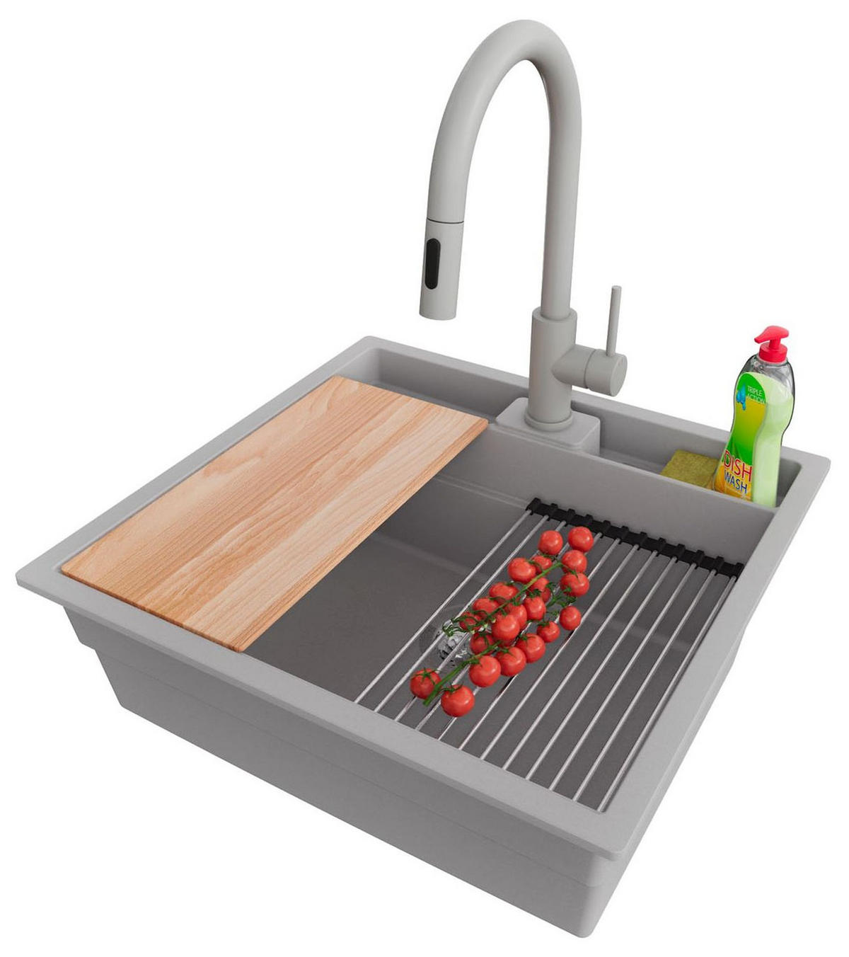 GRANITSPÜLE Bergen Pocket, 2-er set Grau 56/54 cm 1 Becken + Küchenarmatur 40/20 cm + Ablauf-Set + Küchenzubehörset ab 60er Unterschrank - Chromfarben/Beige, Kunststoff (56/20/54cm) - Primagran