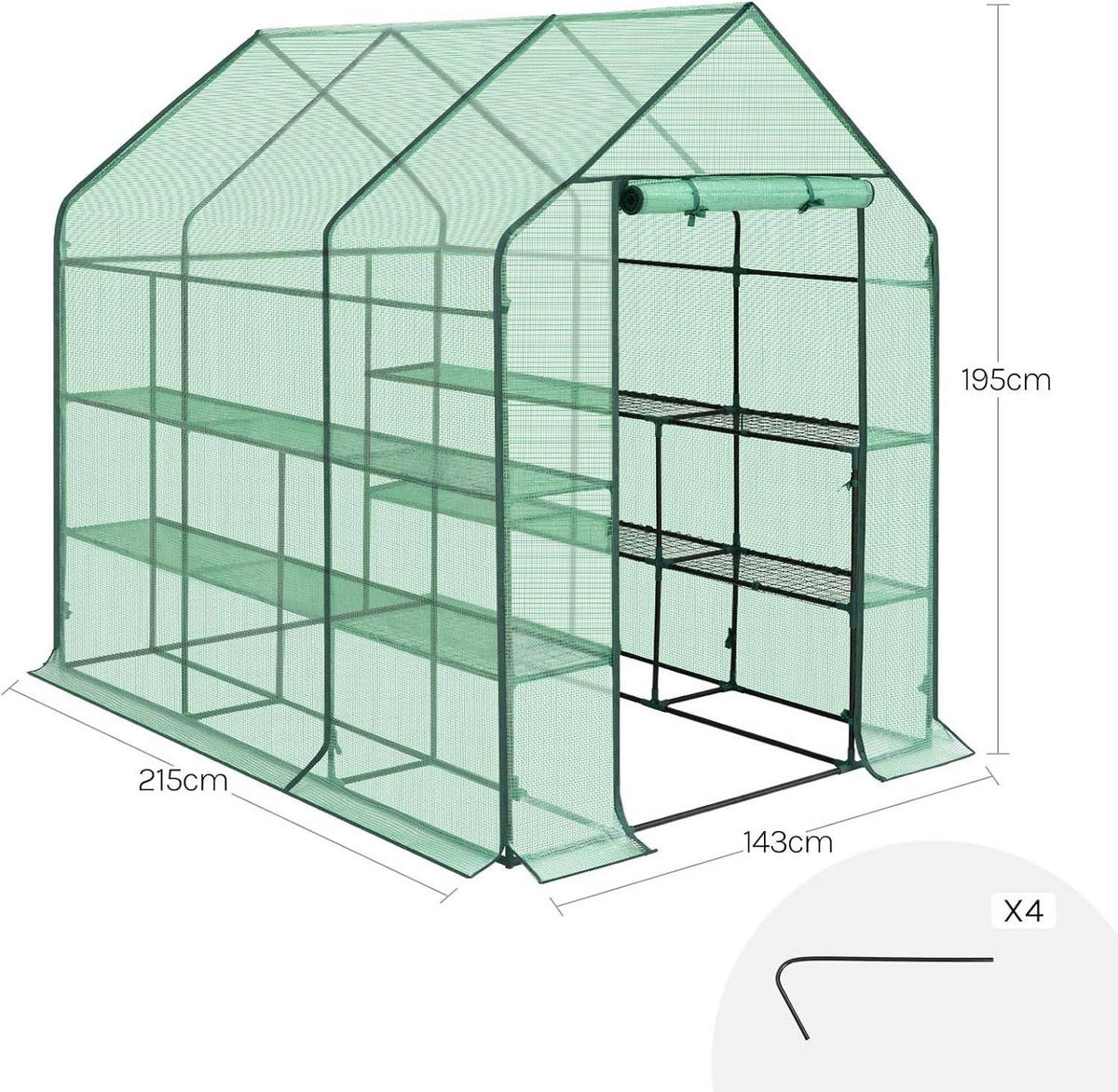 FOLIENGEWÄCHSHAUS, für Frühbeet Gemüse Blumen, 143 x 195 x 215 cm - Grün, Textil/Metall (143/195/215cm) - Woltu