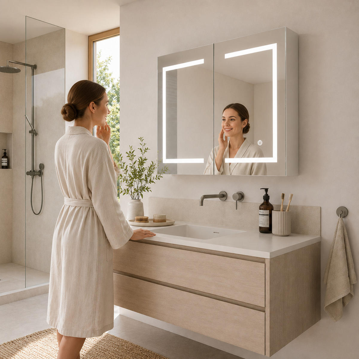 SPIEGELSCHRANK LED 80/60/13.5 cm mit Aufbewahrung, dimmbar, Touch-Schalter, moderner Badezimmer Spiegel mit Stauraum - Weiß, Glas (80/60/13.5cm) - Joyfair