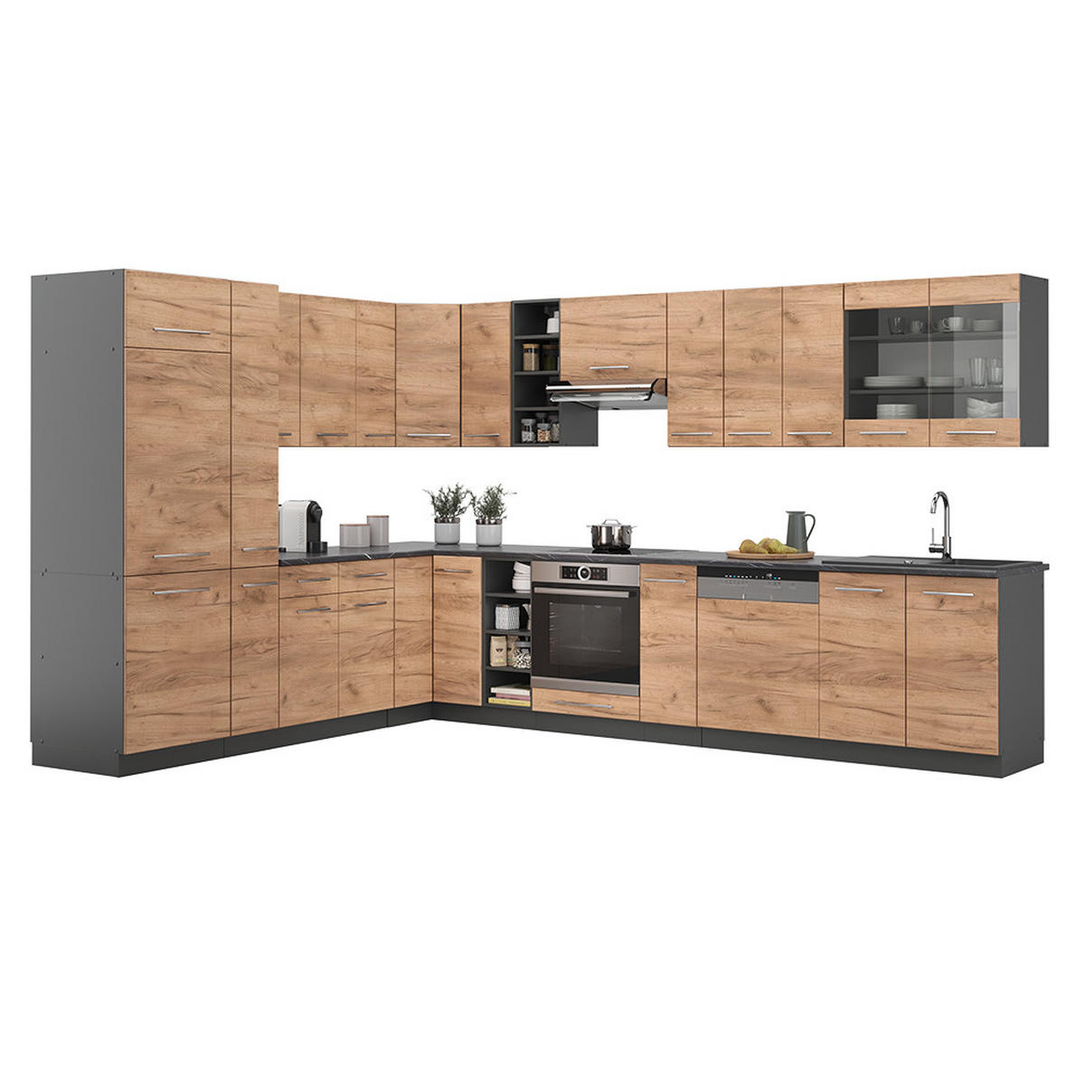 ECKKÜCHE Fame-Line Goldkraft Eiche/Anthrazit 347 x 257 cm ohne AP - Anthrazit/Eiche Wotan, Holzwerkstoff (347/81.6/46cm) - Vicco
