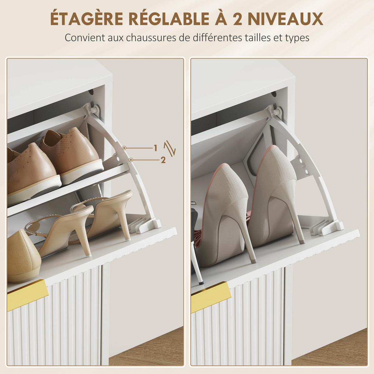 SCHUHSCHRANK DE-15041 2 Klapptüren mit Rillenfront & verstellbaren Böden Weiß - Weiß, Holzwerkstoff (60/91.5/24cm) - ComfortXL