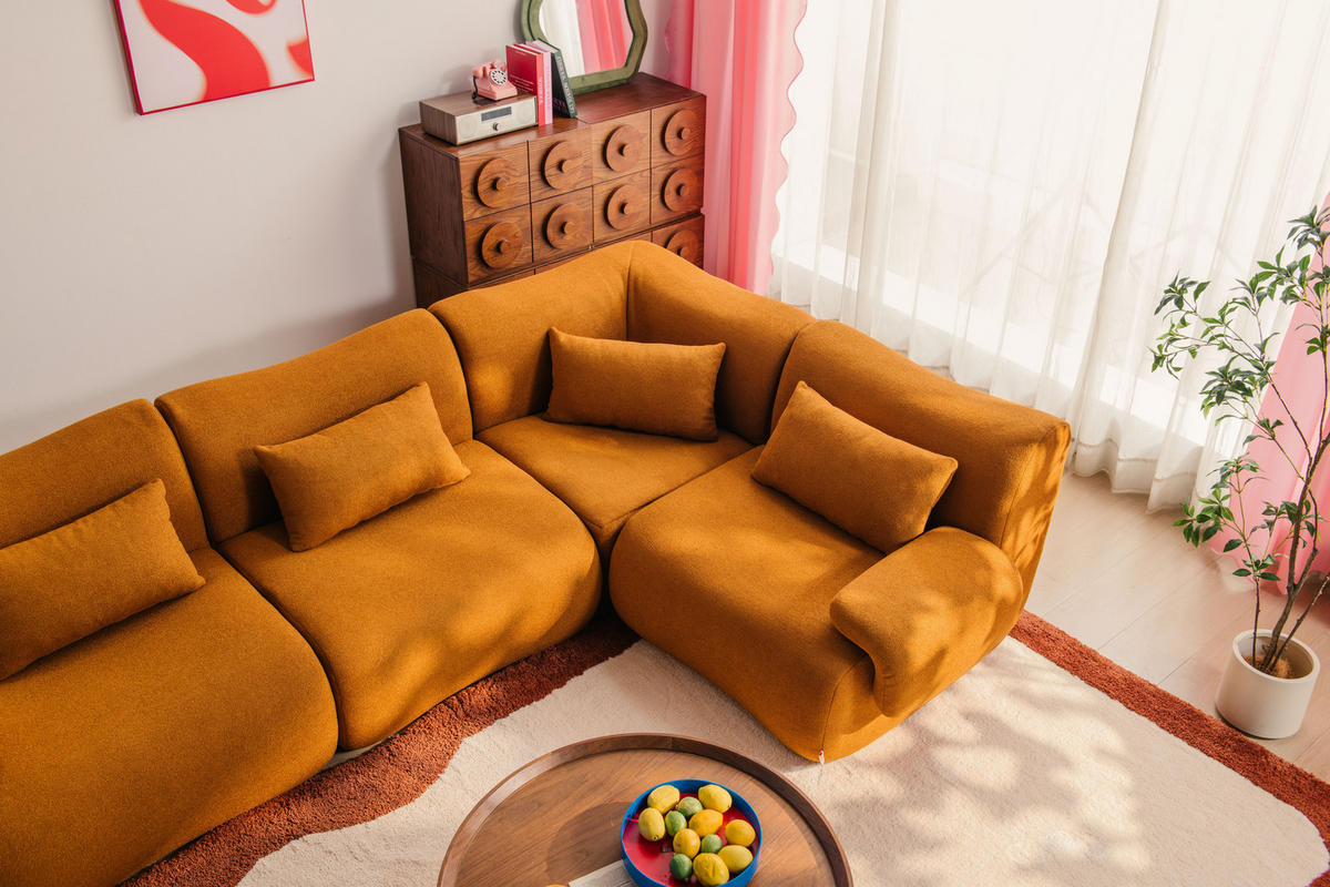 WOHNLANDSCHAFT Bouclé-Stoff Zimtbraun - Hellbraun, Textil (356/73/190cm) - MILYsofa