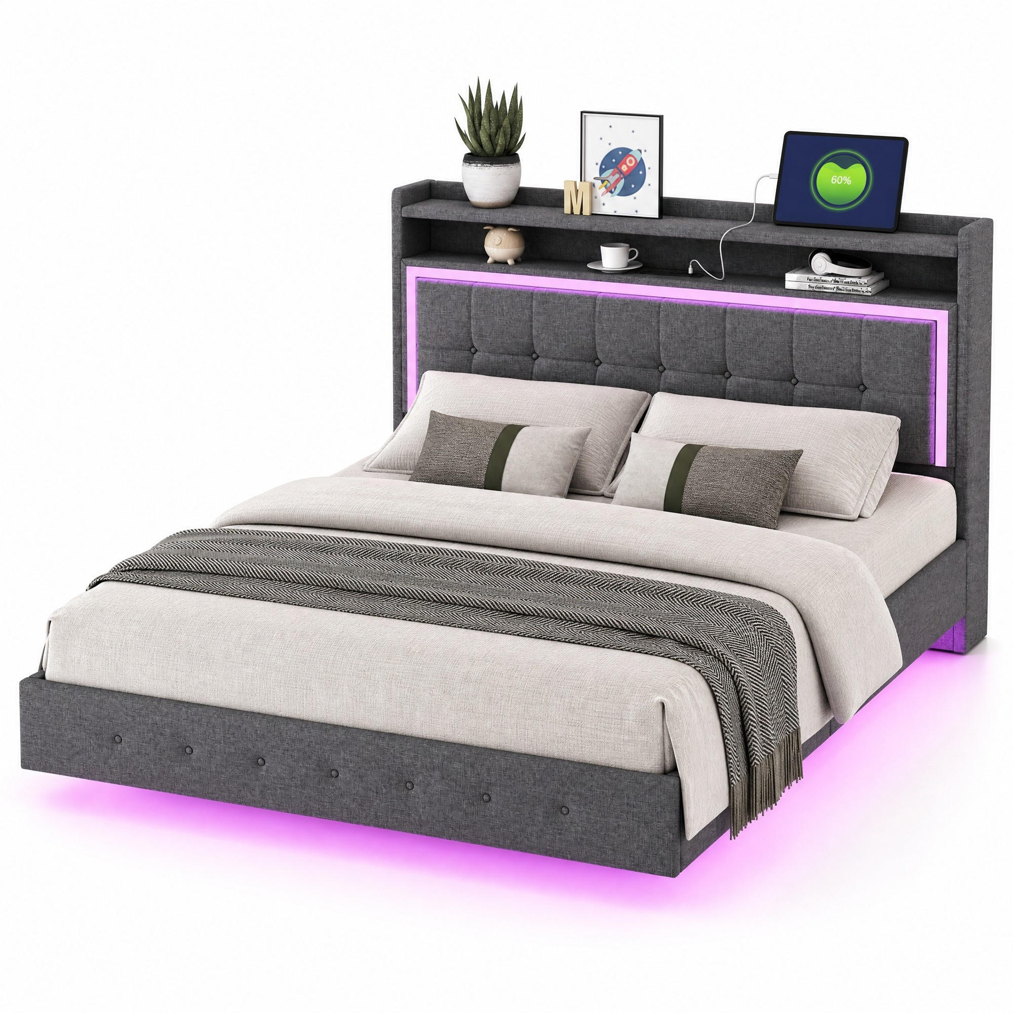 POLSTERBETT 140/200 cm in Grau Leinen mit LED und USB - Grau, Holzwerkstoff/Textil (140/200cm) - CHICFURN