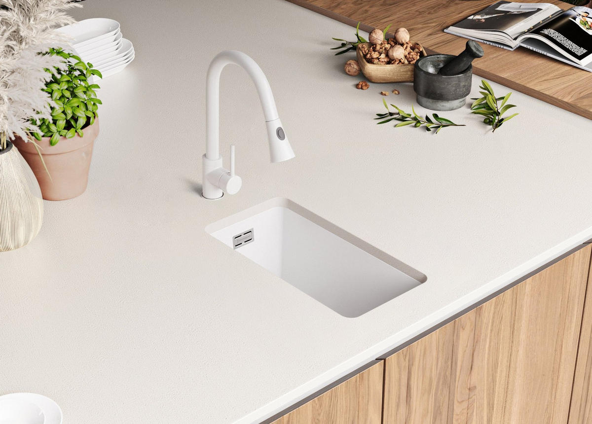 UNTERBAUSPÜLE GRANIT London, 2-er set Alles Weiß 26/47 cm 1 Becken + Ablauf-Set ab 30er Unterschrank - Weiß, Kunststoff (26/20/47cm) - Primagran