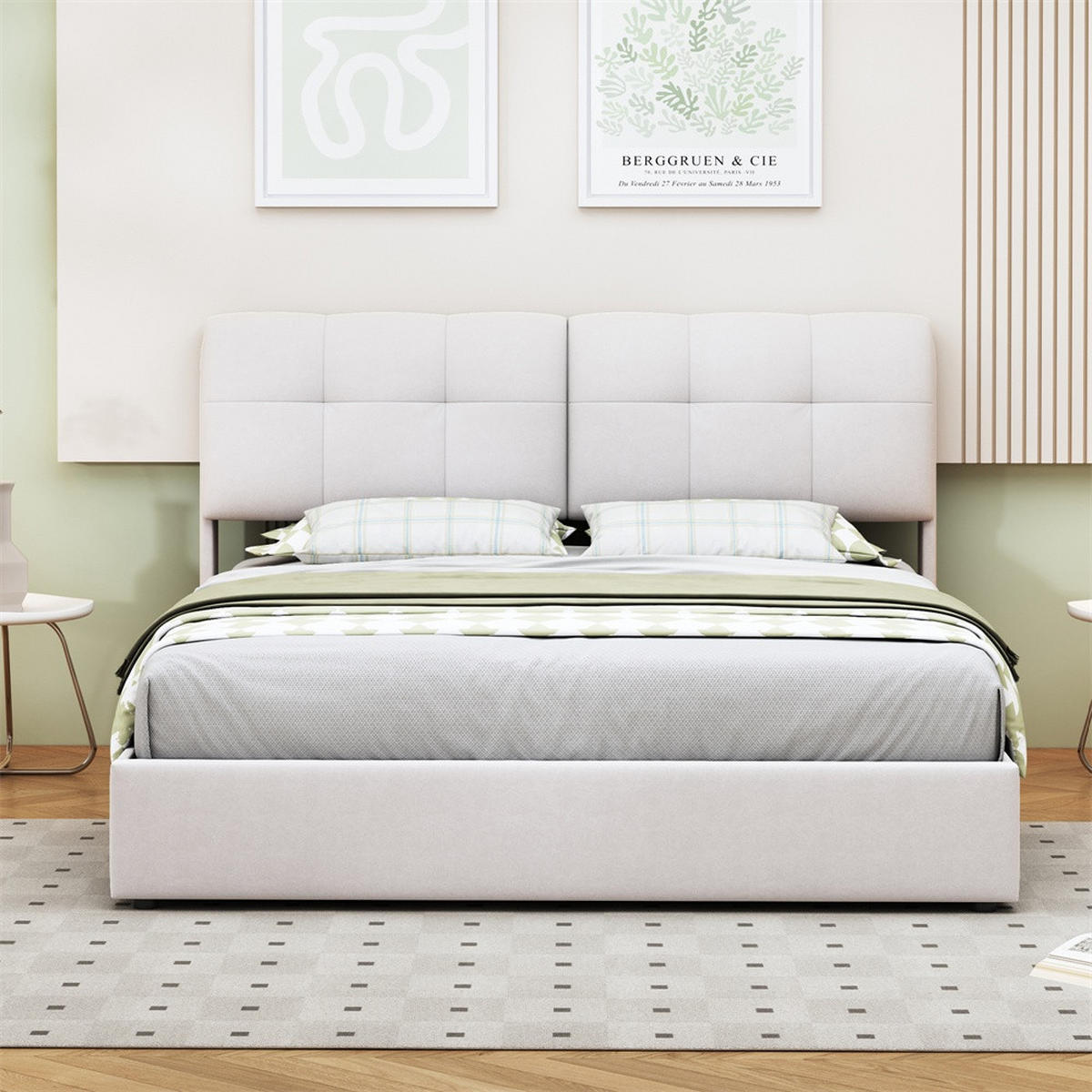 POLSTERBETT 140x200 cm mit hydraulischer Hubfunktion - Doppelbett mit LED-Beleuchtung - ohne Matratze - Cremeweiß - Beige, Textil (140/200cm) - DELFA