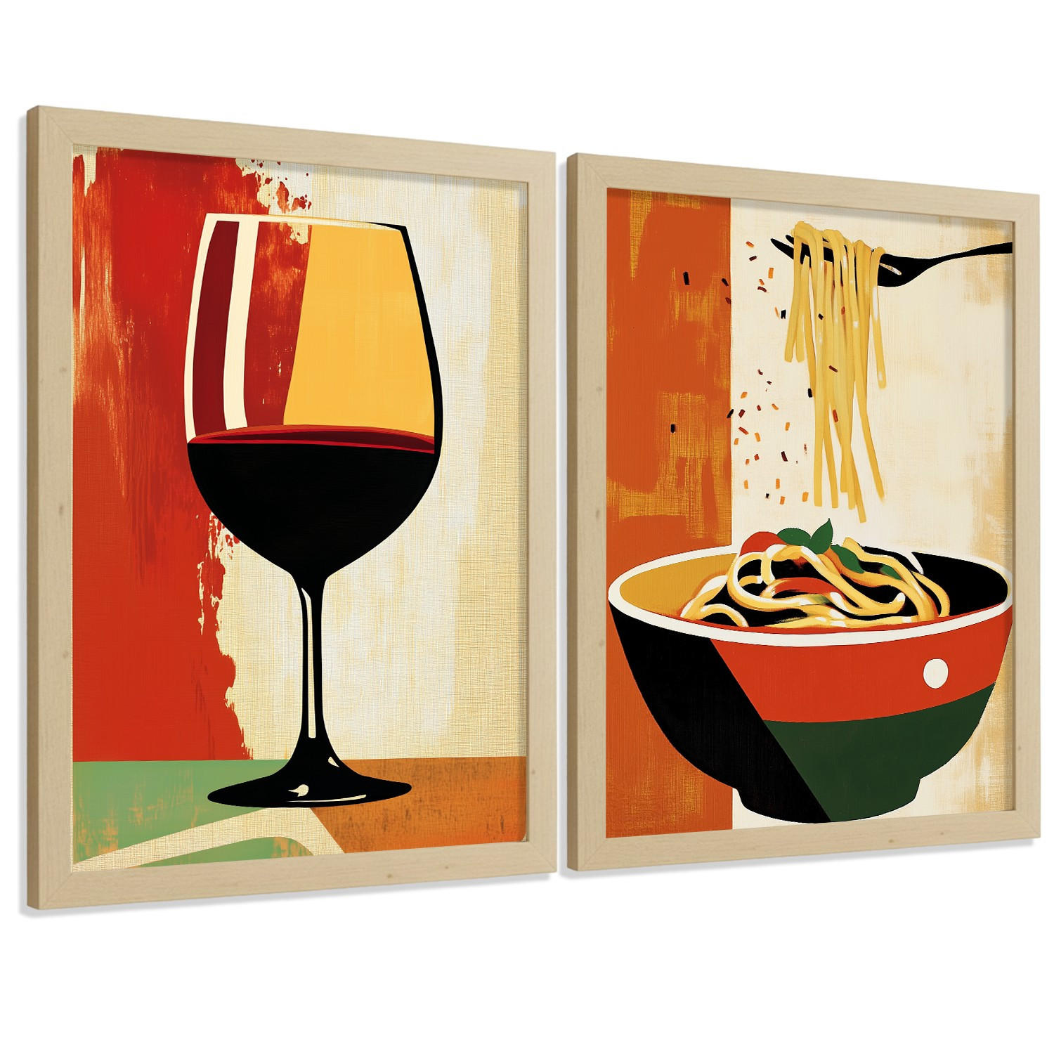 POSTER 2er Set Küchen-Wandbilder Rotwein und Pasta Vintage Retro Esszimmer Wanddeko Rahmenlos A4 - Klar, Papier (29.7/1/21cm) - Nacnic